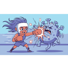 Fototapeta premium Determined Female Boxer Character in Boxing Gear Delivering a Powerful Punch to a Blue Cartoon Coronavirus Particle on a Light Background