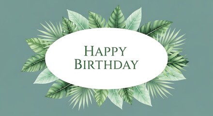 Happy Birthday Tropical Leaf Frame with Green Botanical Background and Copy Space