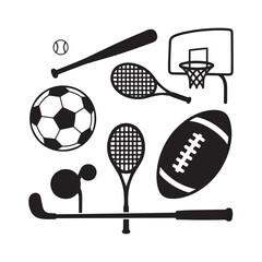 Sports Equipment Silhouettes Set Featuring Soccer Baseball Tennis Basketball Football Golf Icons.