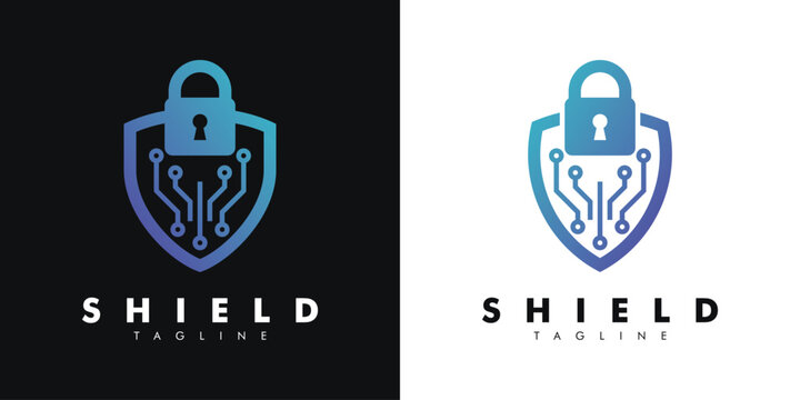 Cyber ​​security shield logo with circuit and padlock