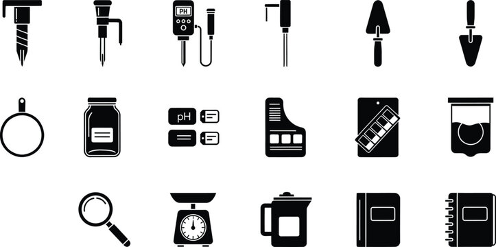 A collection of black and white icons for agriculture, gardening, and soil testing