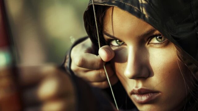 Video A woman holds a bow and arrow, ready to shoot quality footage