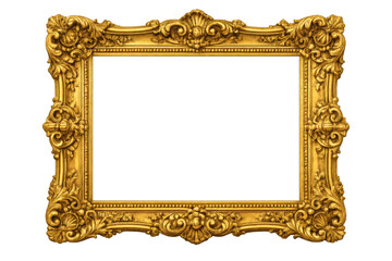 Ornate golden vintage picture frame with carved baroque and rococo details on transparent background