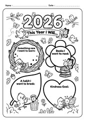 2026 goals cute doodle art illustation for New Year reset and new beginning