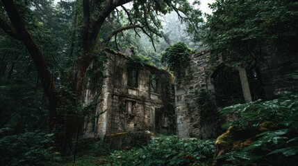 Overgrown, decaying stone building nestled within a dense, moody forest. Vines engulf the structure, a testament to time and nature's reclaim. Misty, evocative