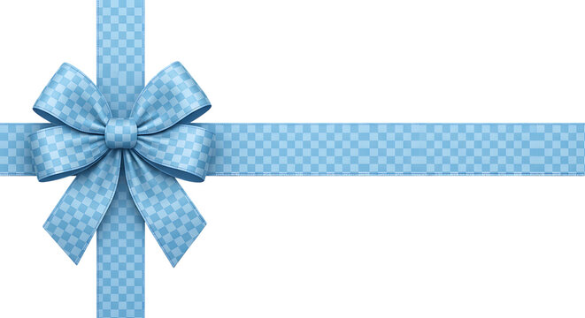 Blue checkered ribbon with bow isolated on transparent background
