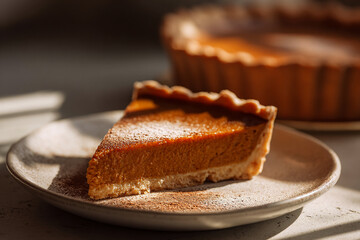 Pumpkin pie with a perfectly baked crust, sliced to reveal smooth filling, lightly dusted with cinnamon, warm directional light and shallow depth creating a classic Thanksgiving dessert look