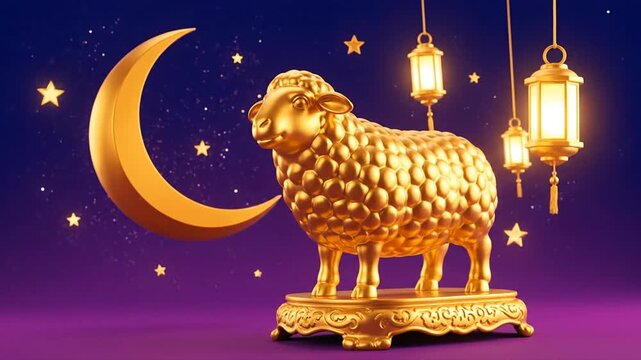 Golden sheep statue with crescent moon and lanterns on a gradient background