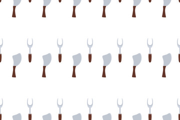 Seamless vector pattern featuring minimalist butcher cleavers and carving forks, perfect for rustic kitchen textiles, meat shop branding, and artisanal culinary packaging.