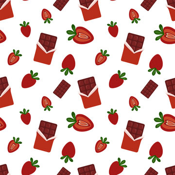 Whimsical seamless vector pattern featuring whole and sliced strawberries paired with chocolate bars, ideal for sweet themed textiles, digital paper, and festive wrapping.