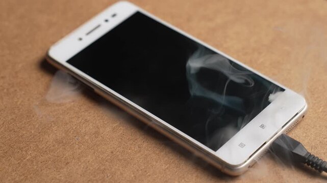 Overheated smartphone emitting smoke while charging on a table. Concept of battery failure, device damage, and technology risk. High-quality cinematic 4K footage