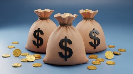 Three money bags with dollars and gold coins on blue background