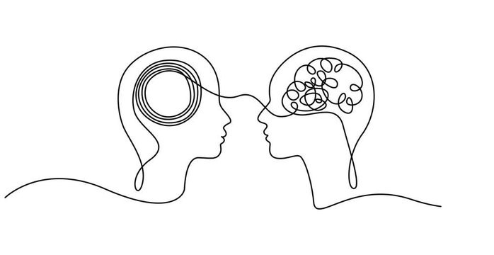 Animated self drawing of One line art of two human profiles facing each other, with a chaotic brain connecting to a calm, circular brain. Concept of empathy, psychology, or communication