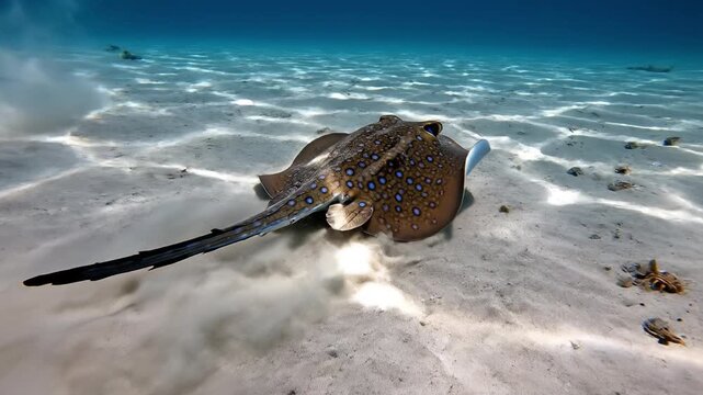 Spotted ray blue stingray ocean floor sea sand marine life underwater wildlife tropical nature graceful stingray with blue spots gliding over sandy sea floor in clear tropical ocean sunlight pattern
