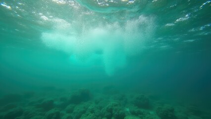rising bubbles under crystal clear green sea water mediterranean underwater scene with fresh aquatic atmosphere deep ocean background photography concept of travel tourism wellness business