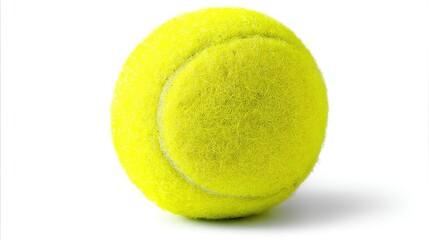 A close-up shot of a bright yellow sphere used in a sport, with visible fuzzy texture and sewn seams, isolated on a white background