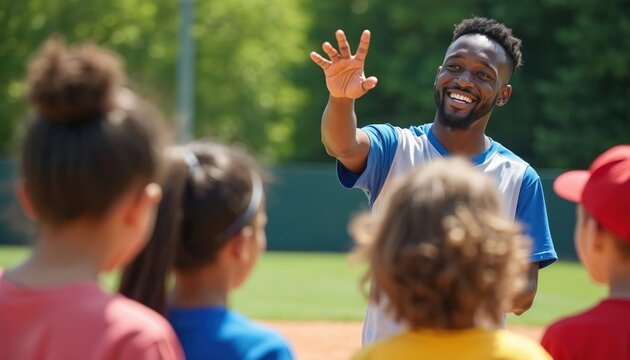 Young coach teaches kids baseball during summer sports camp. Children listen attentively to instructor on field. Youngsters learn game skills in sunny outdoor park.