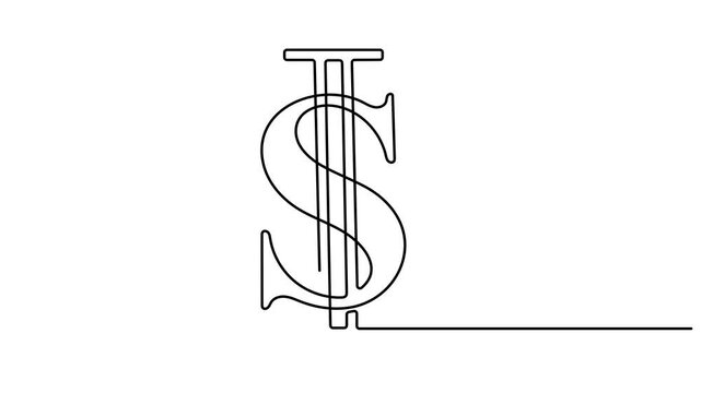 Dollar sign icon one line drawing and isolated continuous outline vector illustration. Dollar Tattoo with dollar sign, Full length 4k animation video.