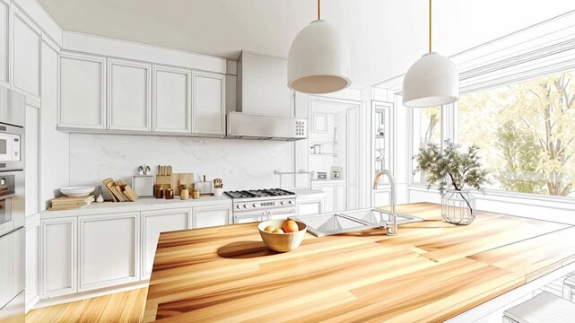 This kitchen features a central island with wooden top and white cabinets. Large windows allow natural light to fill the space. The area is organized with kitchenware on display.