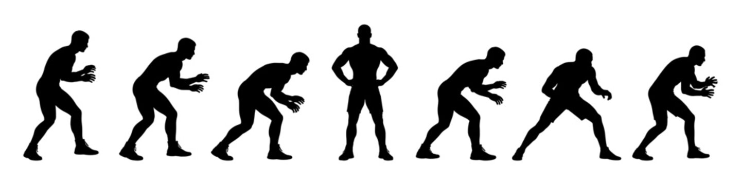 Wrestler silhouettes in dynamic fighting stances. Athletic combat figures preparing for attack