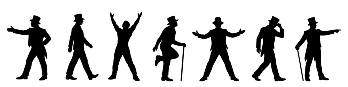 Showman silhouettes wearing top hats and theatrical poses. Performer figures expressing dramatic gestures
