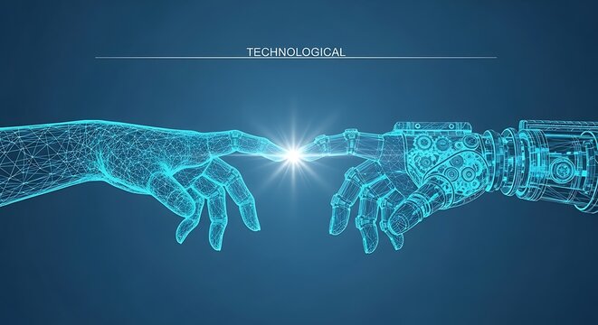 Digital human hand connecting with robotic hand, symbolizing the future of artificial intelligence and technological integration between humanity and machines