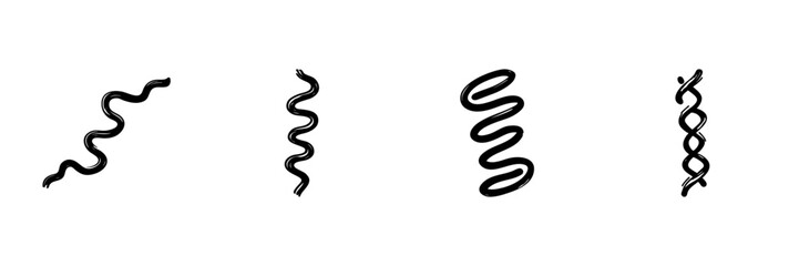 Wavy Line Patterns In Hand Drawn Style Set. Abstract Curves, Spirals, And Dna Helix Doodle Sketch Collection. Artistic Design Elements. Isolated Vector Illustration