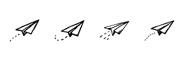 Fototapeta premium Paper Airplane Icons In Hand Drawn Style Set. Creativity, Freedom, And Communication Doodle Sketch Collection. Playful And Imaginative Design. Isolated Vector Illustration