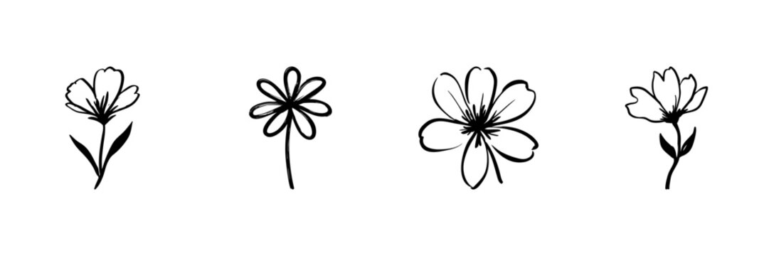 Hand Drawn Floral Illustrations Set. Botanical Doodle Sketch Collection. Simple Flower Designs For Nature-Themed Projects. Isolated Vector Illustration