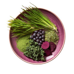 Vibrant plant-based foods arranged artistically on a textured, round, pink plate