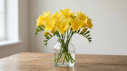 Yellow Freesia Flowers In Glass Vase On Table