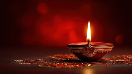 Lit clay lamp in ornate patterns & light scatters on dark reflective surface with a reddish background