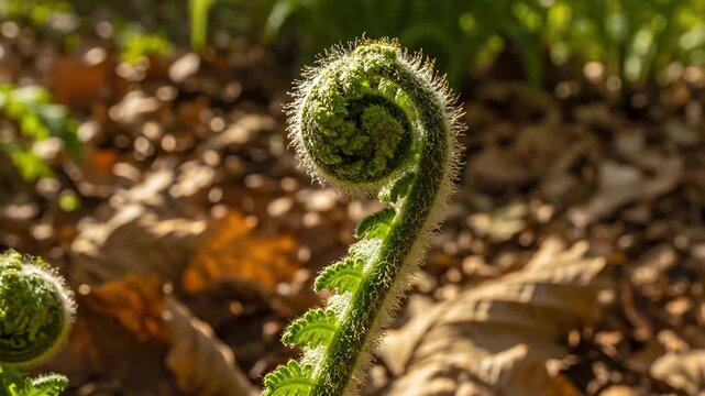 Close-up of a young green fern fiddlehead in a forest. Macro view of a spiral plant sprout growing in spring. Nature and botany concept