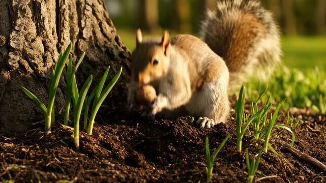 Gray squirrel foraging and digging for a nut at the base of a tree. Cute rodent eating in a sunny park during spring. Wildlife nature concept