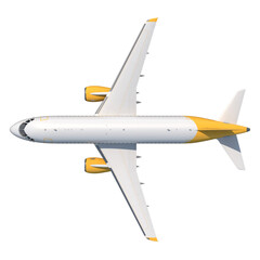 Top view of a modern white and yellow passenger airplane isolated on white background © changnam37