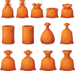 : Professional vector collection of burlap sacks and cloth bags for agriculture grain storage and logistics branding।