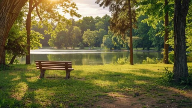 Video A park bench situated in lush green grass near a serene lake quality footage