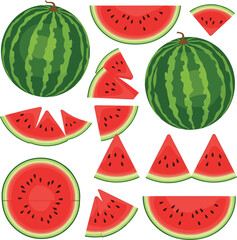 Fresh organic watermelon vector collection featuring whole fruit half slices and triangular segments for summer branding।