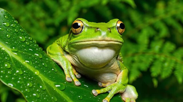Green tree frog sitting on a leaf with water droplets. Close-up of an amphibian inflating its vocal sac in a tropical rainforest. Wildlife and nature concept