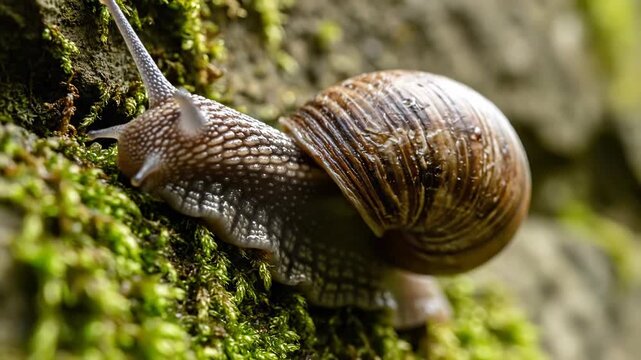 Macro view of a snail crawling on green moss. Gastropod moving slowly with shell and tentacles visible. Nature detail concept