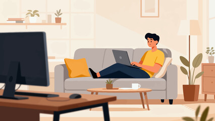 Fototapeta premium A man is sitting on a couch in a living room, using a laptop. The room is decorated with a TV, a potted plant, and a coffee table. The man is focused on his work