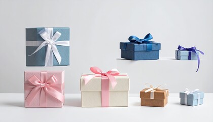 Obraz premium Collection of beautifully wrapped gift boxes with ribbons and bows.