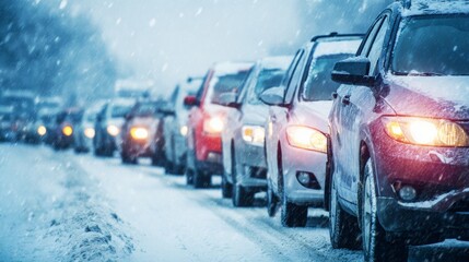 Traffic snowstorm jam on winter road with cars stuck on icy highway, headlights on showing help and emergency need, heavy snowfall causing dangerous travel low visibility and severe weather conditions