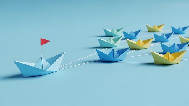 Paper boats on blue background with one leading the group