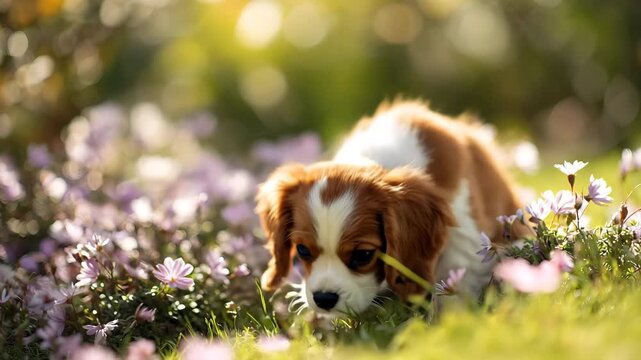 Adorable cavalier king charles spaniel puppies playing in a field of purple flowers on a sunny day