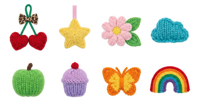 Cute Knitted Set featuring Cherry Star Flower Cloud and Rainbow with Soft Handmade Wool Texture