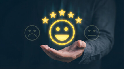 Hand presents a bright glowing happy face emoji with five stars indicating excellent customer satisfaction on a dark background