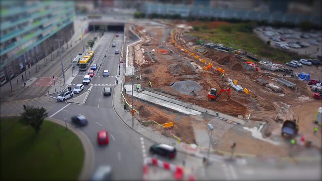 City construction site roadwork with active traffic, creating a miniature world effect using a tilt-shift perspective and timelapse motion