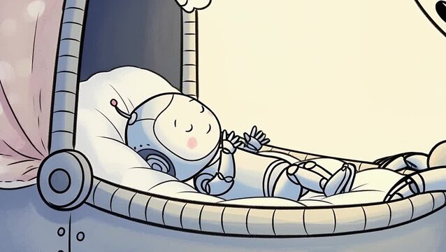 Robot Parent Watching Over Newborn Baby Robot in Cradle Illustration