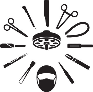 Surgery icons, medical operation, surgeon tool, operating light, scalpel knife, scissor equipment, doctor mask, hospital clinic